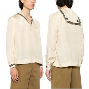 Bode Men’s Size XS 100% Silk Cricket Sailor Collar Nautical Pullover Shirt Beige